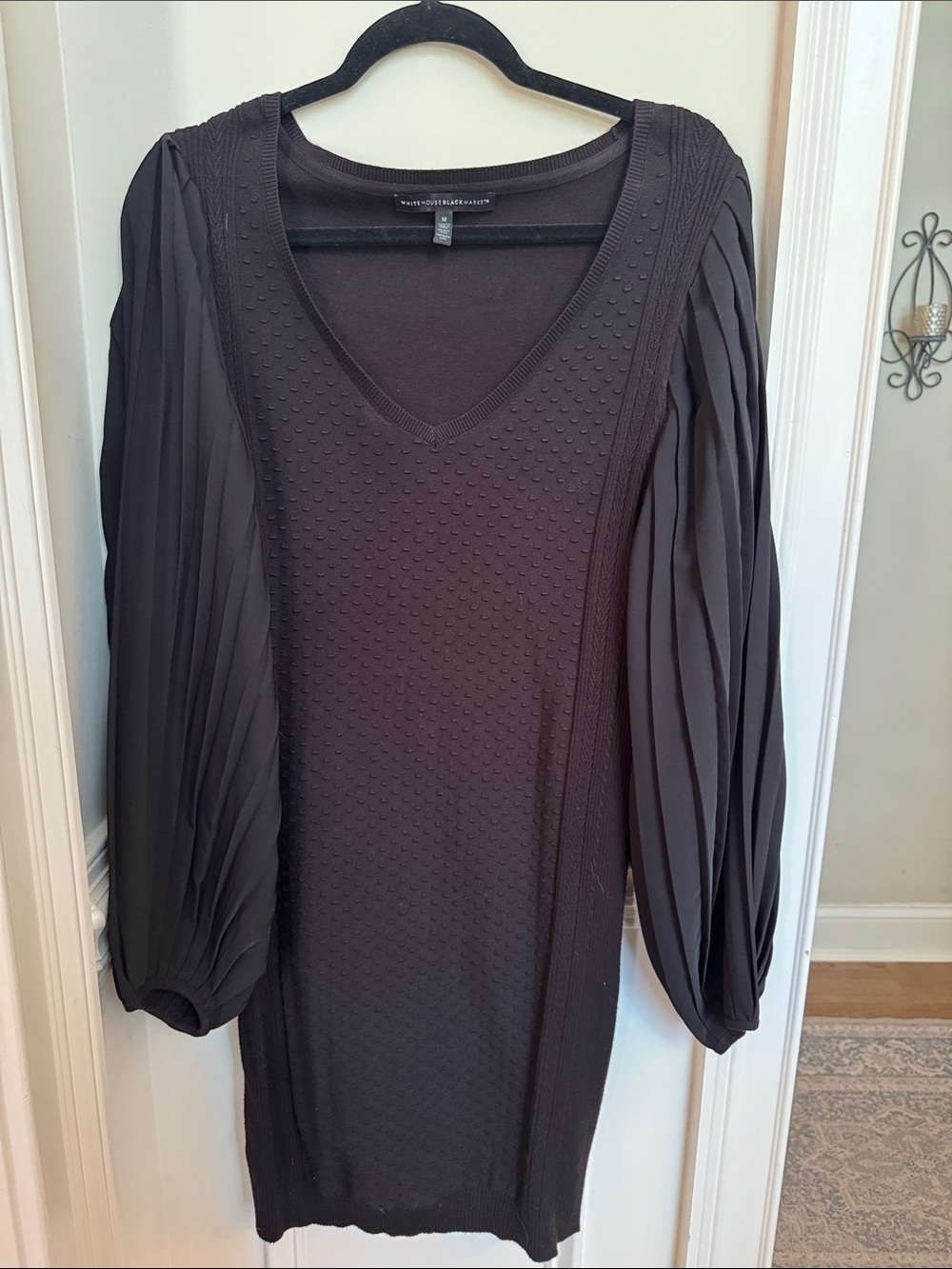 White House Black Market Black V-Neck Knit Dress with Pleated Long Sleeves